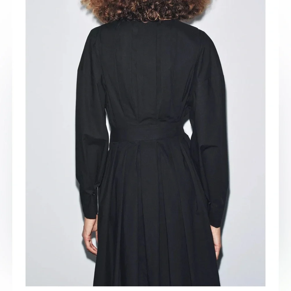 NWT Zara  Black Pleated Cotton Midi Dress With Belt
